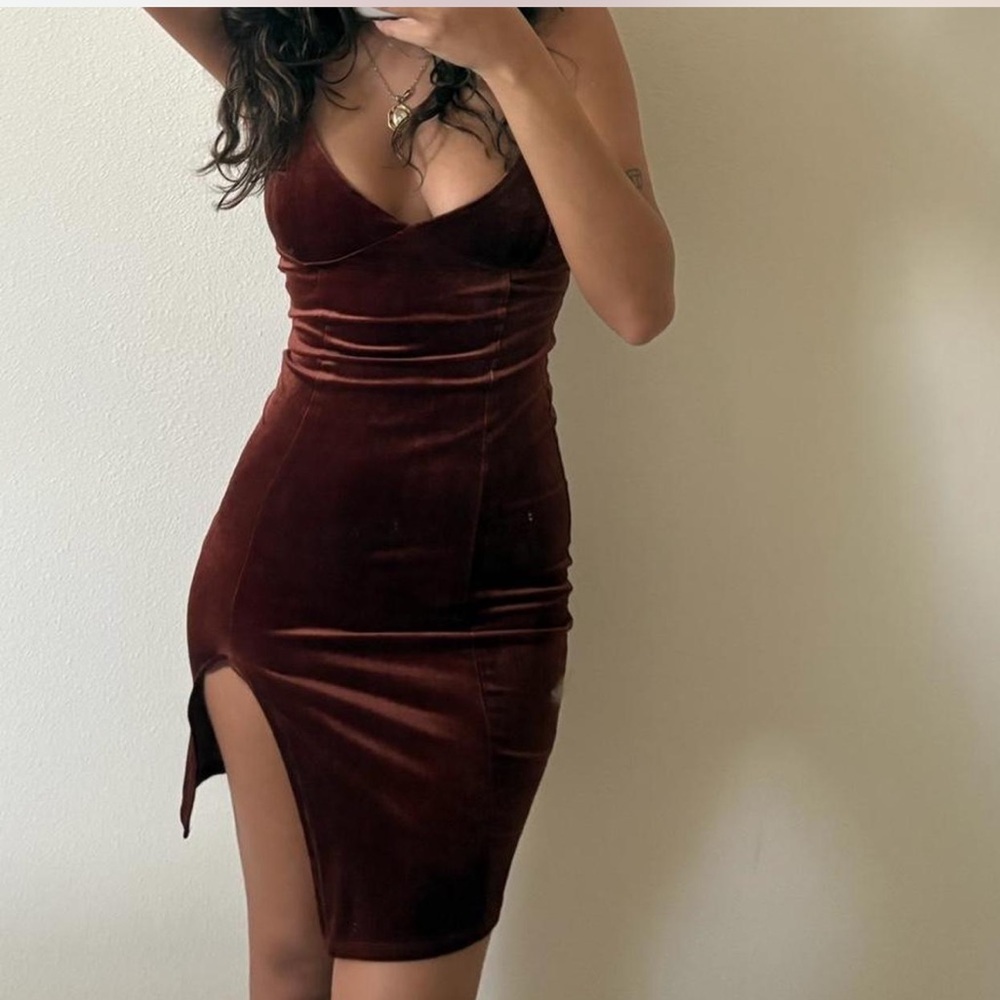 Reddish Brown Velvet Dress bodycon slit mini triangle